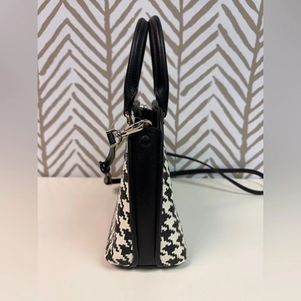 New Kate Spade Small Darcy Houndstooth Straw Satchel with Crossbody Strap - Picture 4 of 9